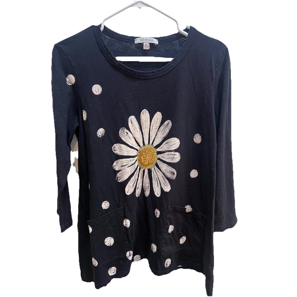 Jess & Jane Tunic Top Size M Daisy Polka Dot Black Pockets Art To Wear Lagenlook